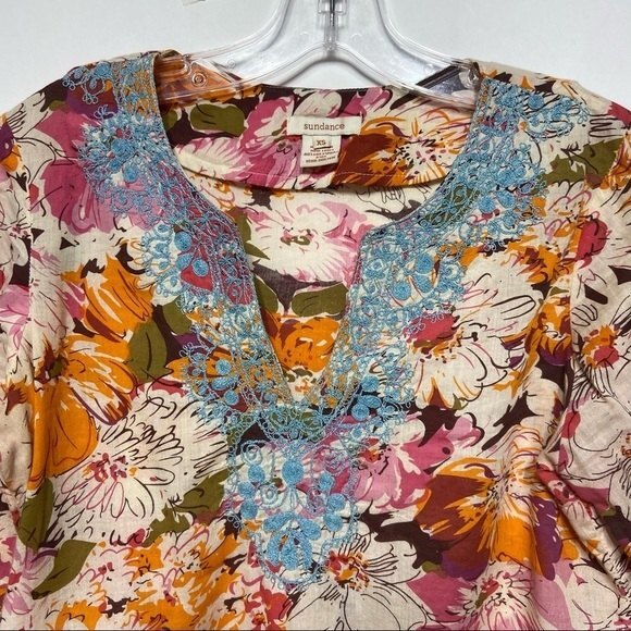 Sundance Split Neck Embroidered Floral Quarter Sleeve Length Cotton Tunic XS - Picture 6 of 9